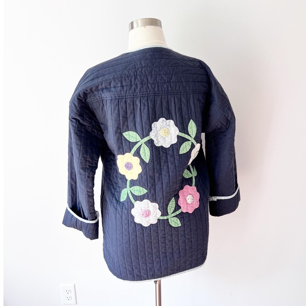 Jo Anne Johnson Quilted Jacket Navy Blue Floral Applique Yo-Yo Flower Artisan L